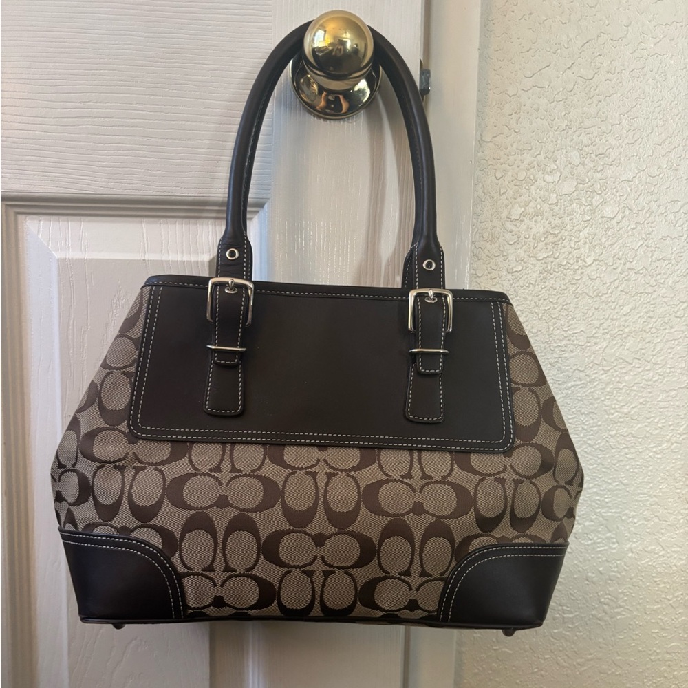 Coach Brown and Black Signature Shoulder Bag